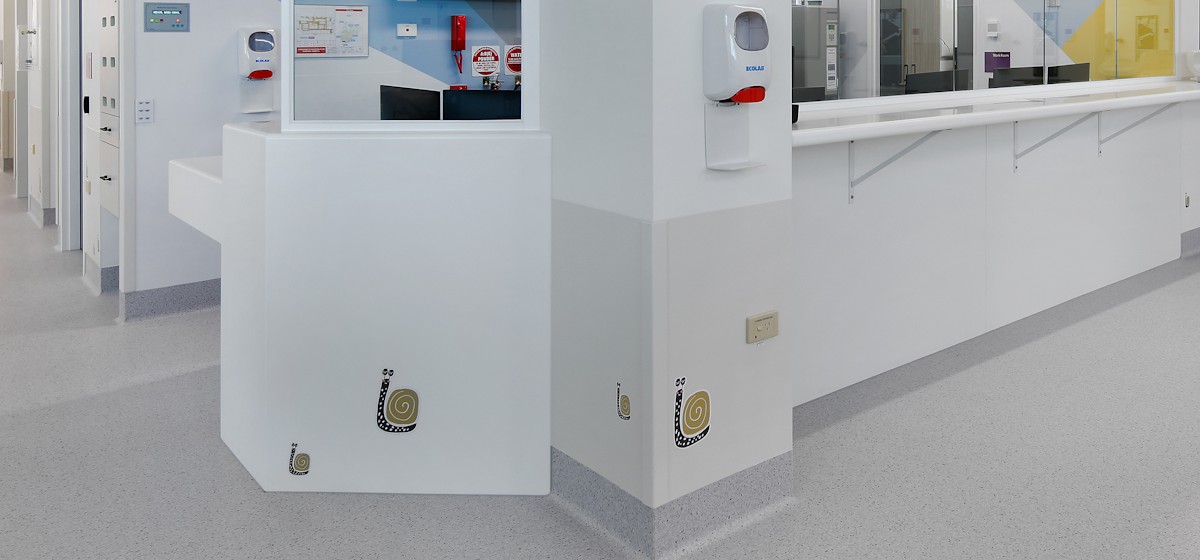 Colourful snails at child height on the interior walls Sunshine Hospital’s new children’s emergency department
