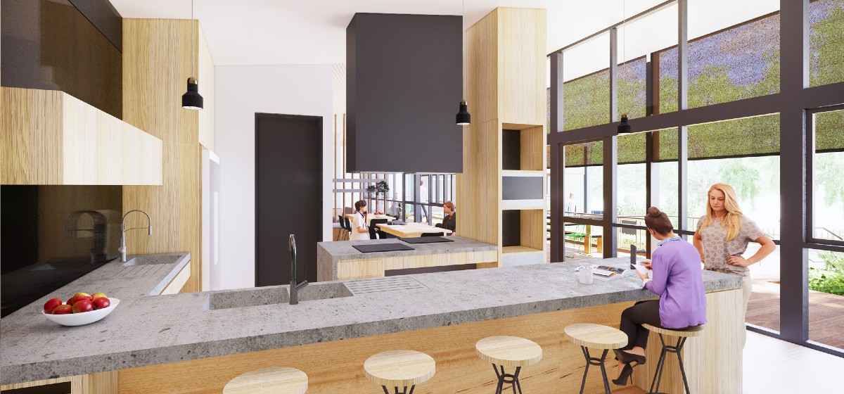 Artist render of black and light wood kitchen with two women at the end of a kitchen island