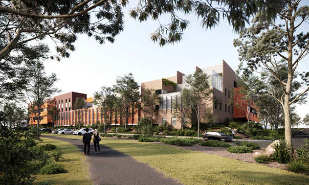 Artist's impression of the Thomas Embling Hospital, surrounded by trees and lawns 