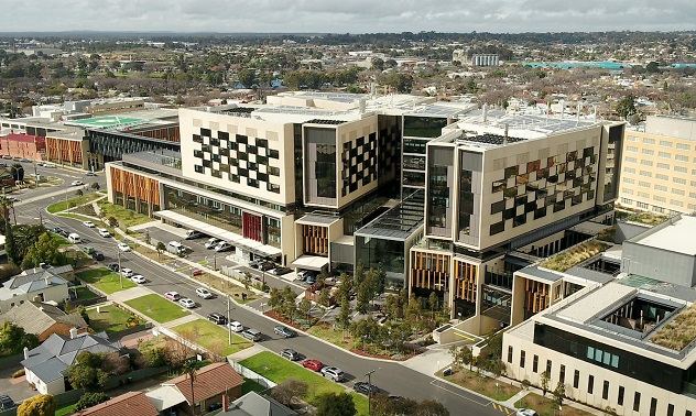 Aerial view of a modern hospital