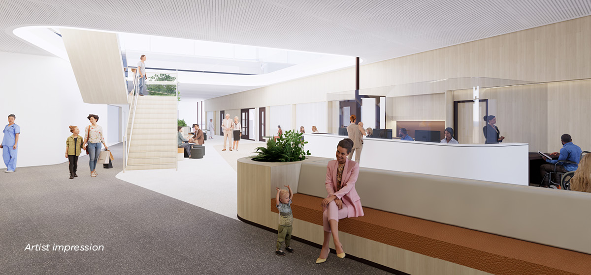 Artist impression of the Craigieburn Community Hospital showing the main reception and waiting area