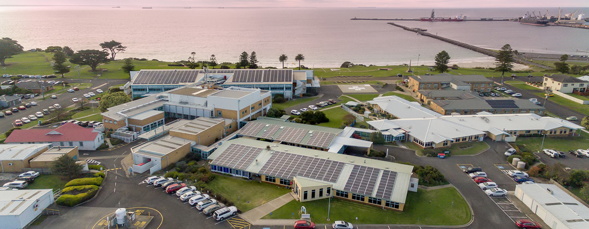 Aerial view of Portalnd District Health with solar panels.