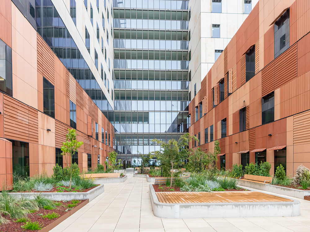 terracotta and glass building facade