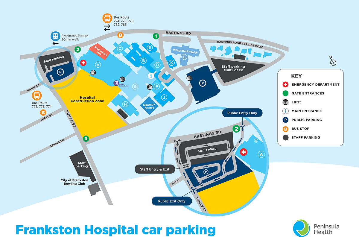 A map of Frankston Hospital showing where to park on the corner of Hastings Road and Yuille Street