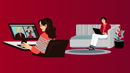 Illustration of two people sitting and reading on their screen. There is a red background