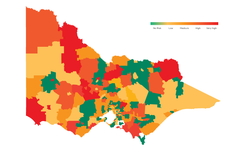 Map of Victoria that uses the colours red, orange, yellow and green to show the climate risk of health infrastructure in different areas. The risk categories are No Risk, Low, Medium, Very high and High.