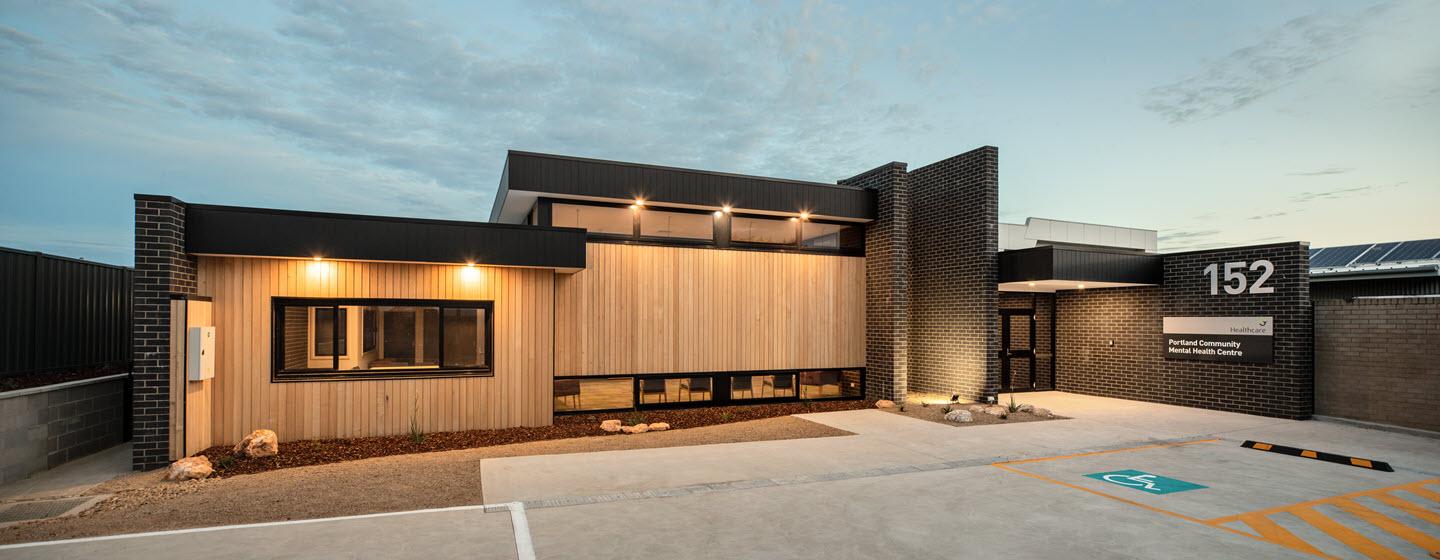Portland Community Mental Health Centre exterior lit up at dusk