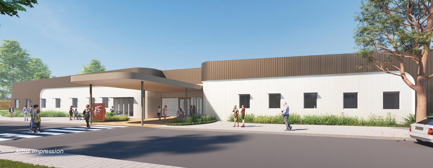 Artist impression of the exterior of Mernda Community Hospital, with a white and brown facade