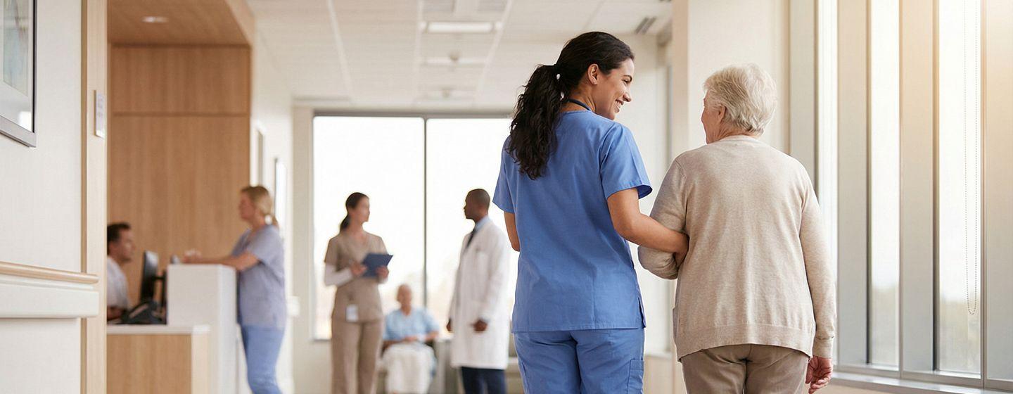 A medical professional and elderly woman walking along a corridor together