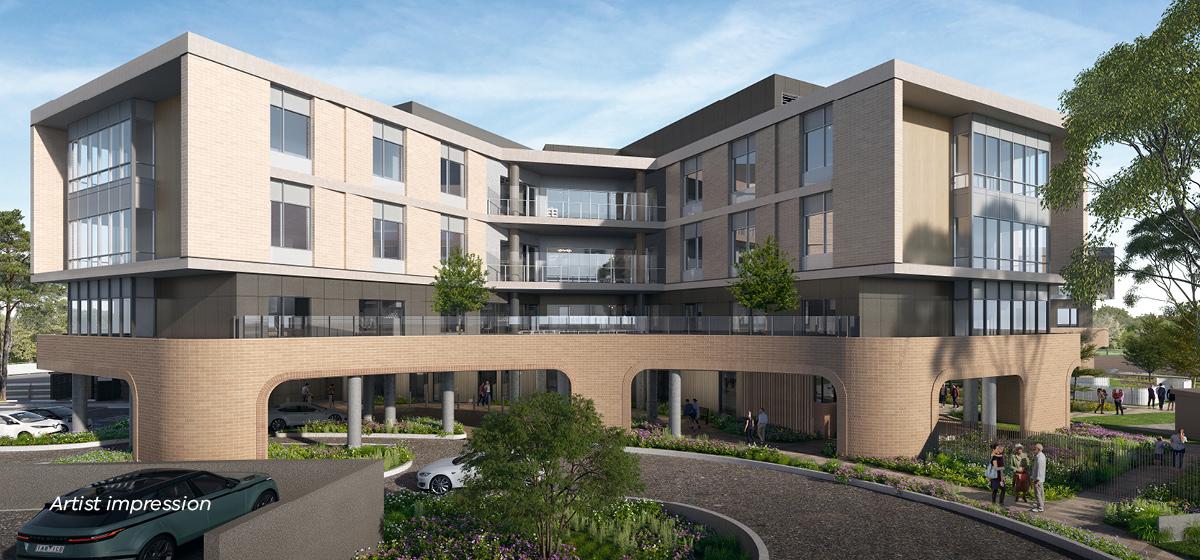 Artist impression of the main entrance to the Kingston Centre aged care facility including a walkway and gardens