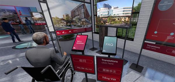 A virtual environment in which a man watches a video onscreen