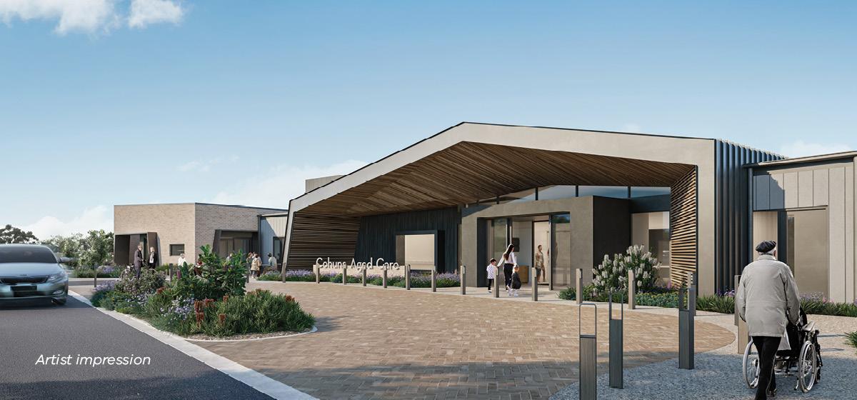 Artist impression of the exterior of the Cohuna residential aged care facility, with a timber-lined archway over the main entrance
