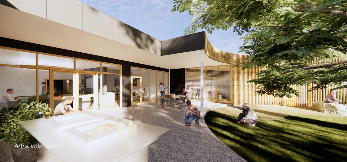 Artist impression of an outdoor area with tables, chairs and a barbeque