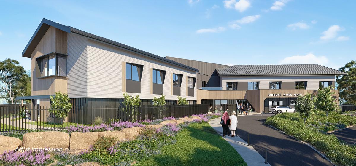 Artist impression of an aged care building with a dark gray roof and white walls