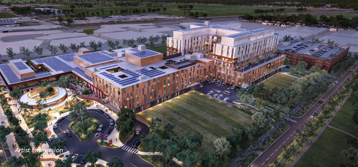 Artist impression of bird's eye view of hospital with lots of solar panels on rooftops