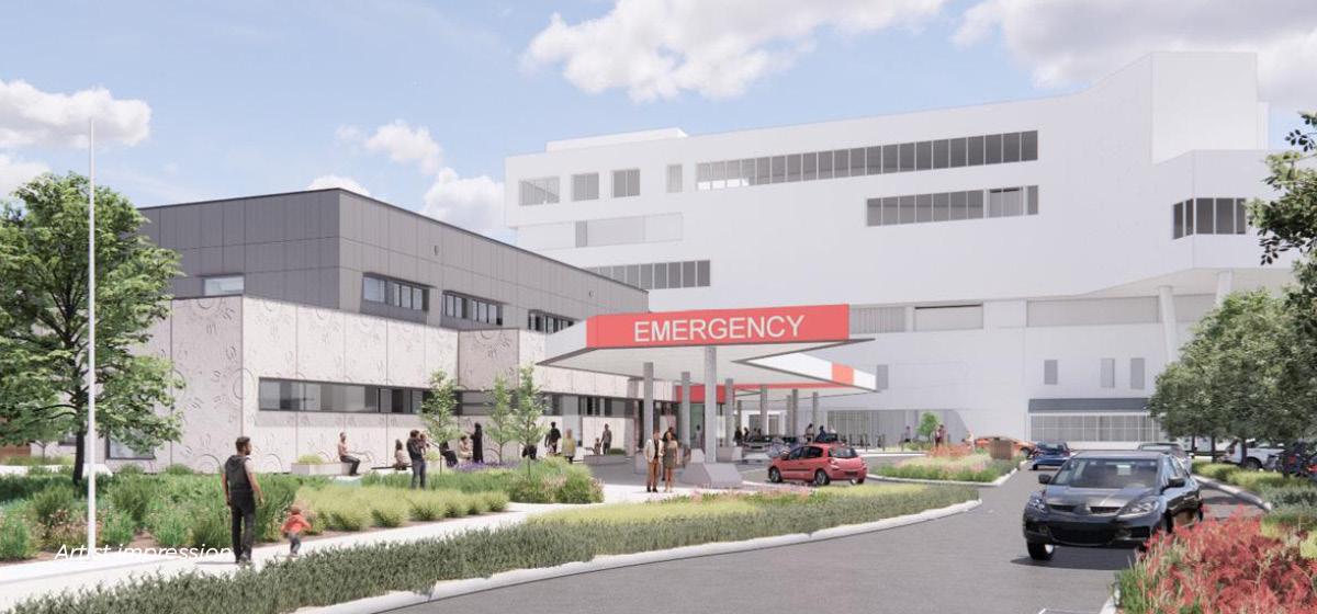 Artist impression of hospital emergency entrance with large red signage