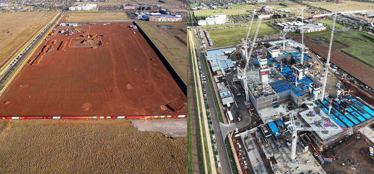 An empty dirt paddock next to the same paddock with a hospital in it under construction