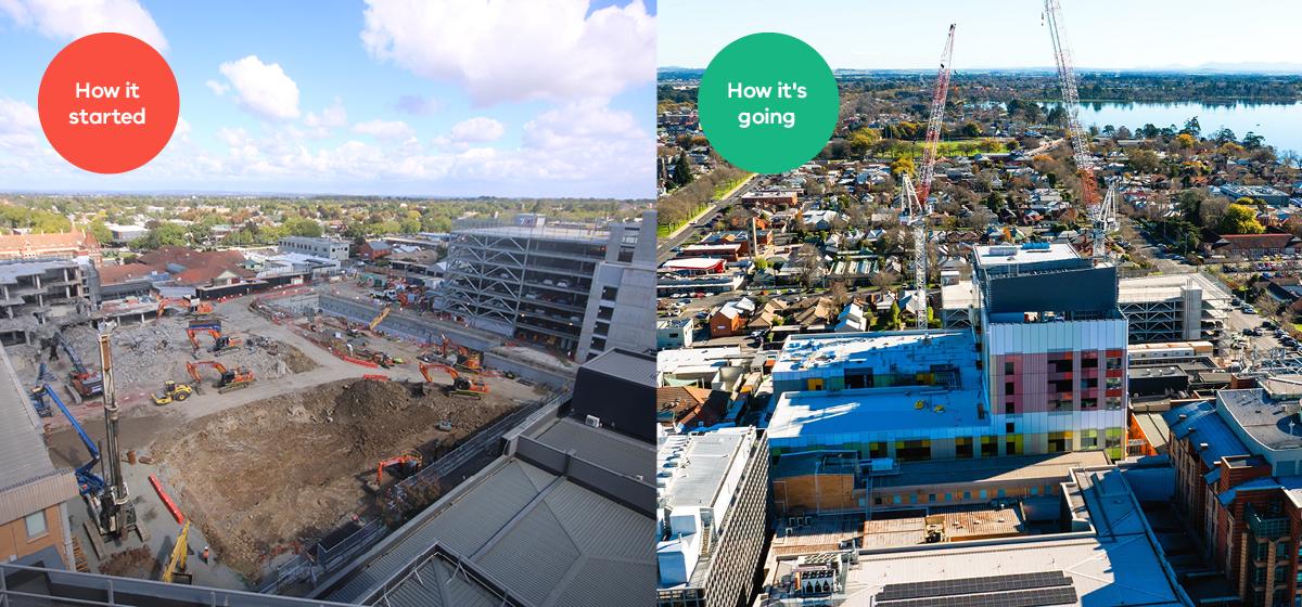 Before picture shows a dirt construction site and the after picture shows the build hospital