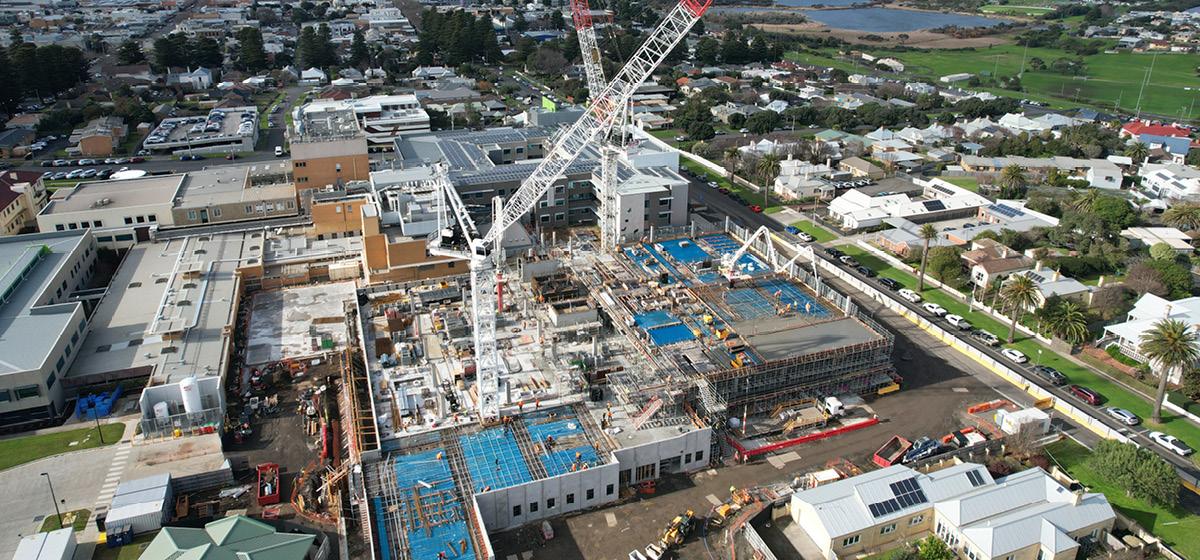 Aerial view showing progress on the Warrnambool Base Hospital redevelopment construction site
