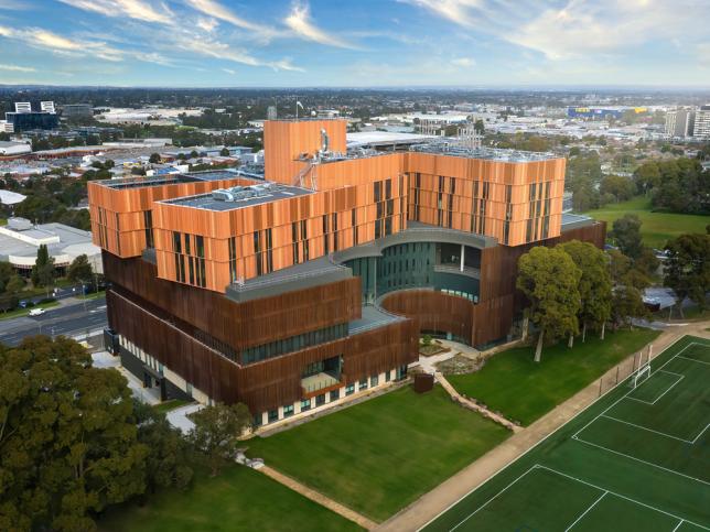 Aerial view of the outside of the Victorian Heart Hospital