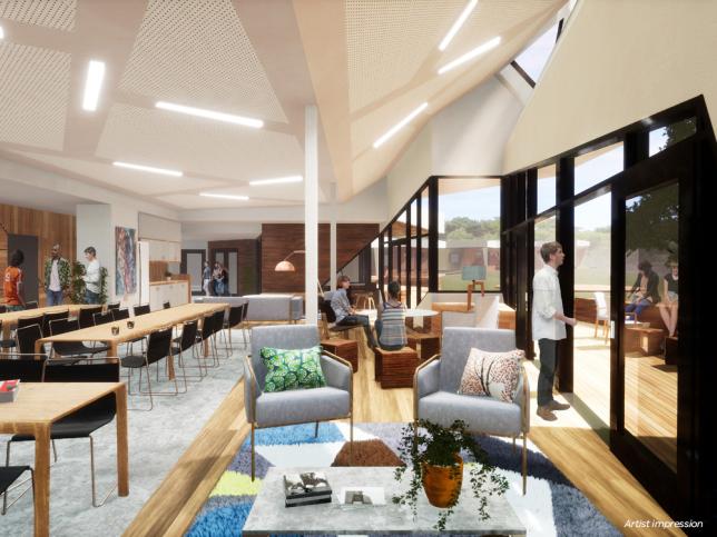 Artist's impression of a communal area with couches and tables at the Corio facility