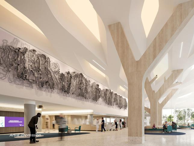 Artist impression of a sculpture emulating creeks and riverbeds attached to the wall of an open reception area