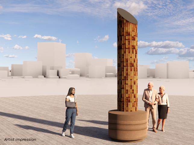 Artist impression of an artwork pillar made of brown clay pieces