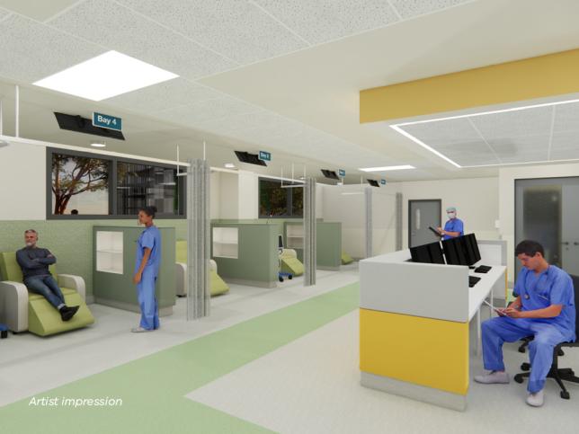 Artist impression of a large room with multiple dialysis bays