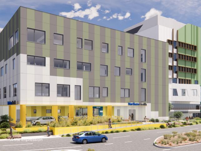 Artist impression of a hospital building, with a grey and white facade and a yellow and white entrance area