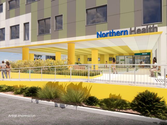 Artist impression of a yellow and white entrance. A pathway with a handrail leads to the entrance, and the 'Northern Health' logo is visible overhead