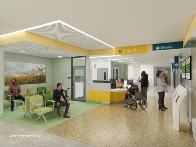 Artist impression of a reception area with a desk and seating