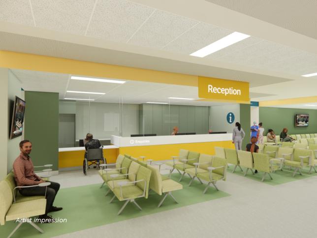 Artist impression of a large reception area with a desk and seating