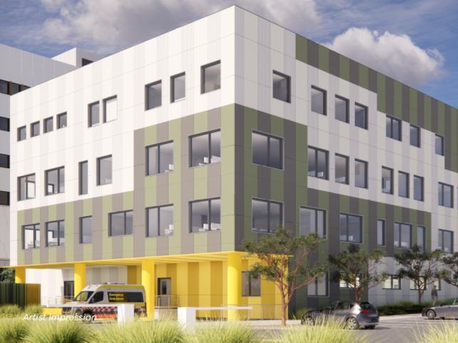 Artist impression of a hospital building, with a grey and white facade and a yellow and white patient transport area