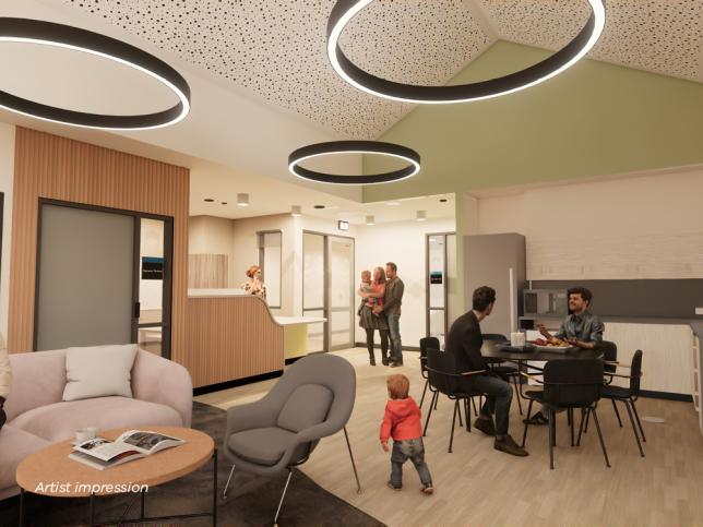 Artist impression of a common area with tables, chairs and couches