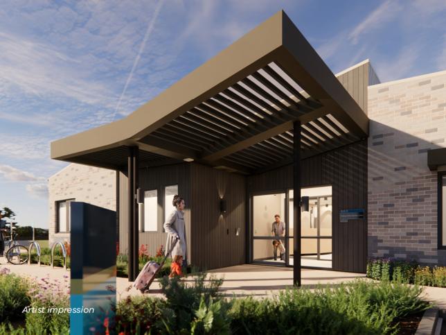 Artist impression of a building entrance with a large awning