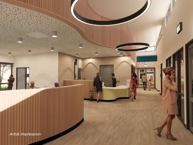 Artist impression of an interior space with staffed desks, hanging lights and a hallway