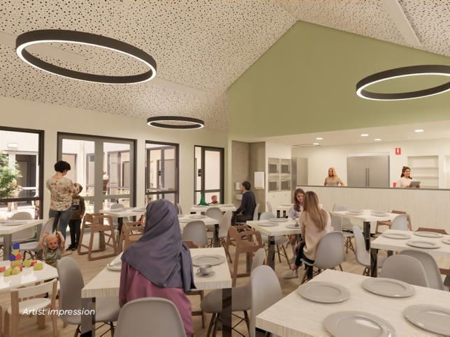 Artist impression of a open dining area with many square tables