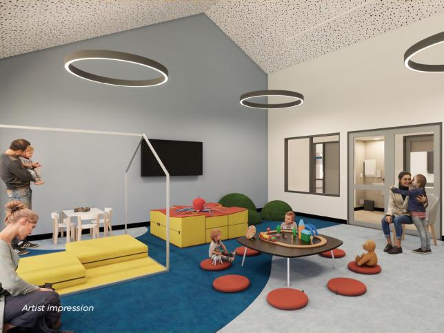 Artist impression of a playroom with child-sized furniture and play equipment