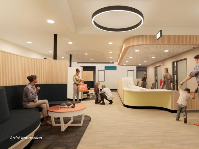 Artist impression of a reception area with a reception desk and seating