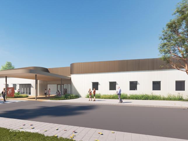 Artist impression of the exterior of Mernda Community Hospital, with a white and brown facade