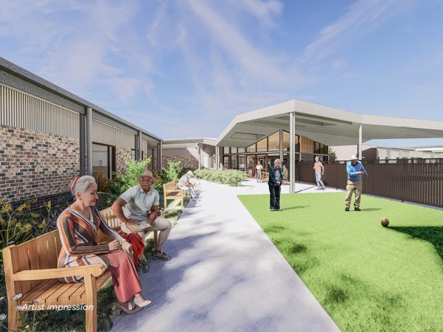 Artist impression of older adults relaxing and socialising in a green outdoor space