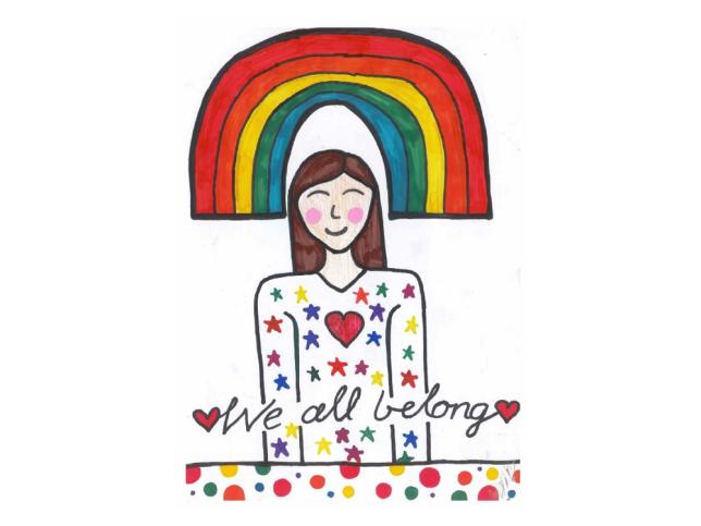 Children's drawing of a woman and a rainbow