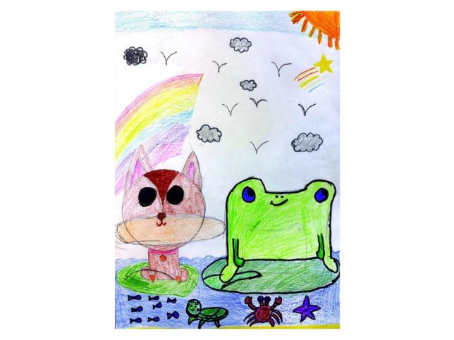 Children's drawing of a dog and frog