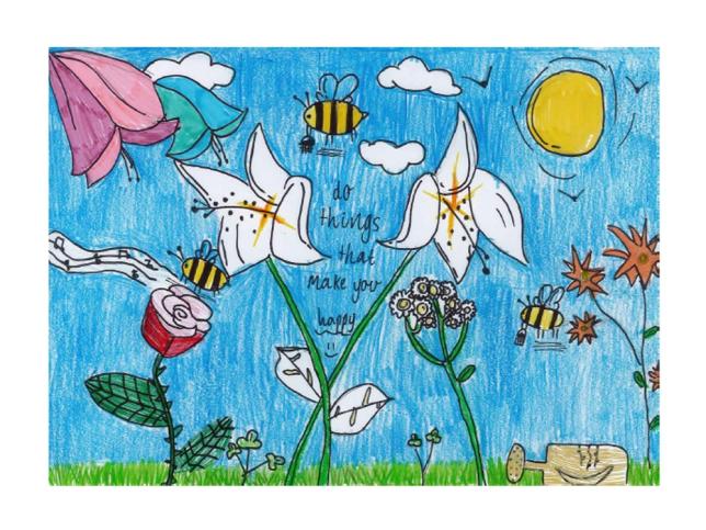 Children's drawing of bees and flowers
