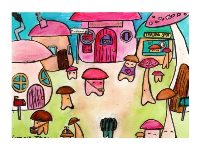 Children's drawing of a mushroom village