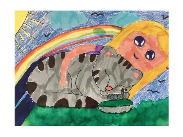 Children's drawing of girl hugging a cat