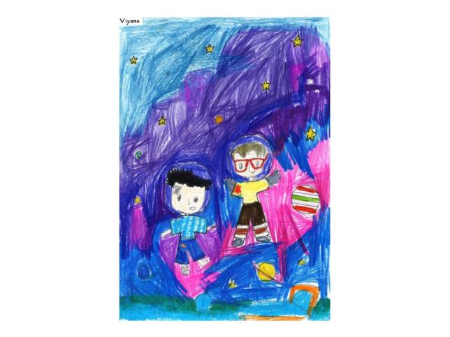 Children's drawing of scientists in space