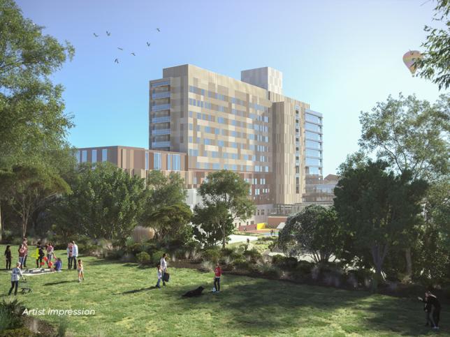 Artist impression of a modern multi-story hospital building set in a landscaped park with people doing various outdoor activities.