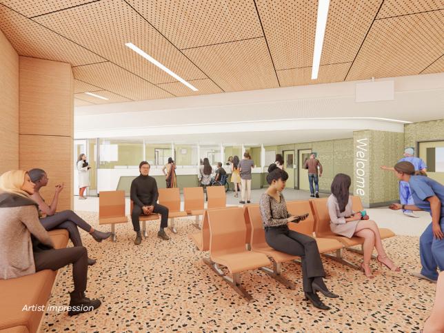 Artist impression of comfortable waiting area with muted colours