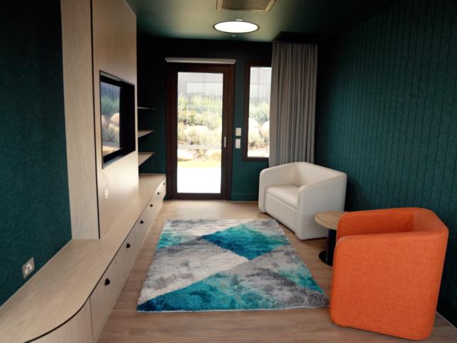 A TV viewing area with rug and chairs